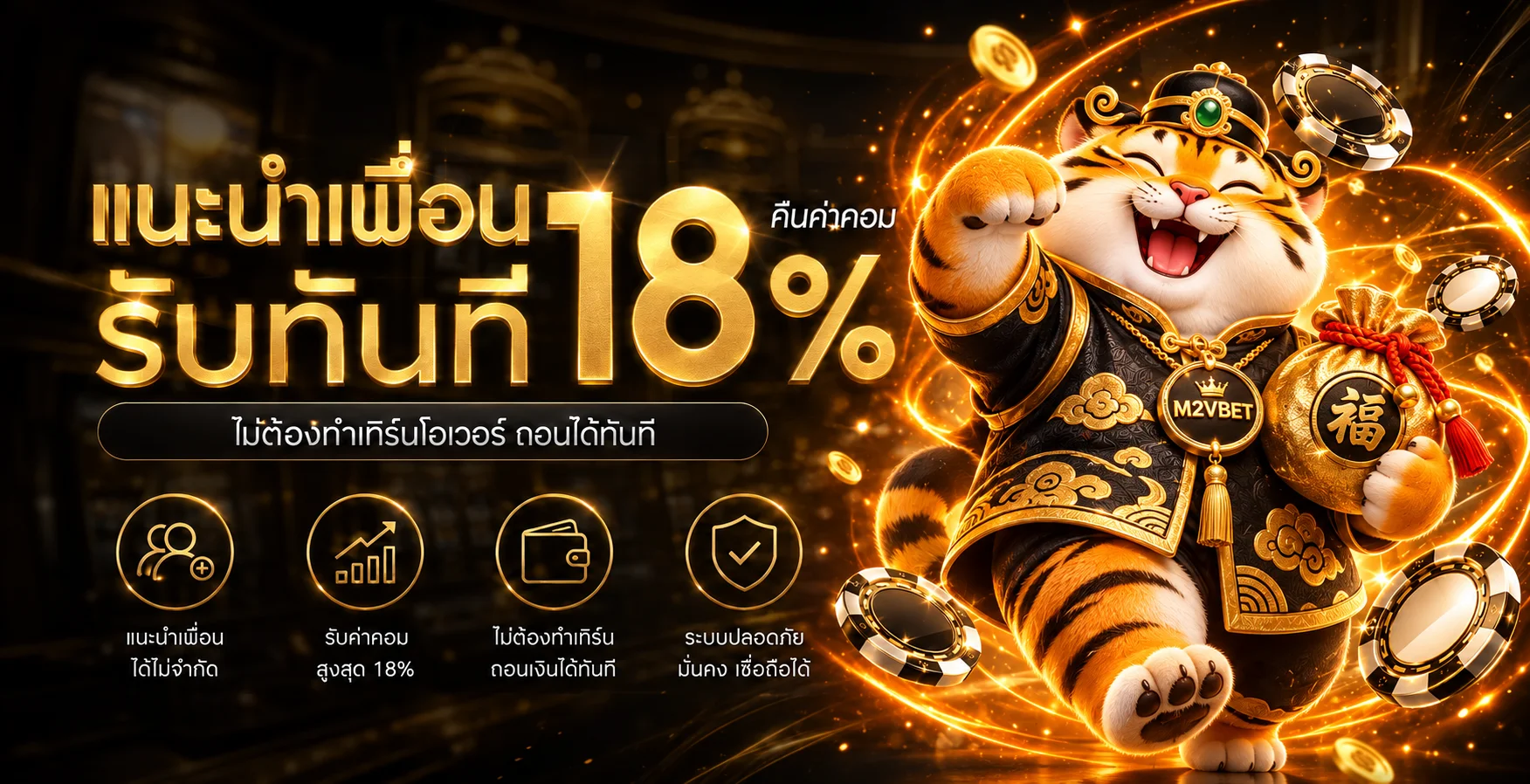 แบนเนอร์แนะนำเพื่อน M2VBET พร้อมตัวละคร Fortune Tiger